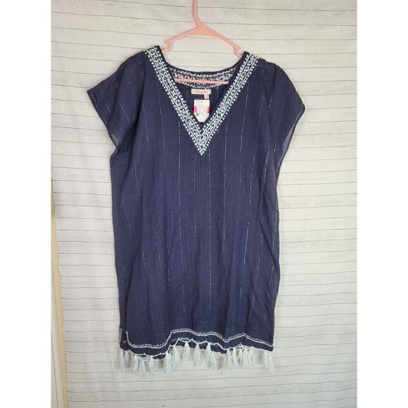 FRESH PRODUCE NAVY BLUE SHIFT DRESS W WHITE TASSLES & DETAIL, SZ XL/XXL - Picture 2 of 11